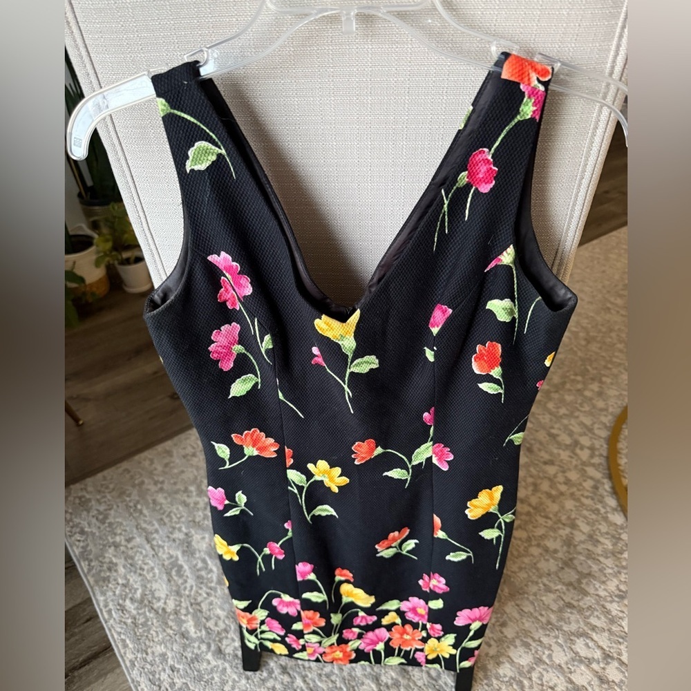 Y2K Vintage Kenar Floral V Neck Sheath Dress Black Size 6 USA